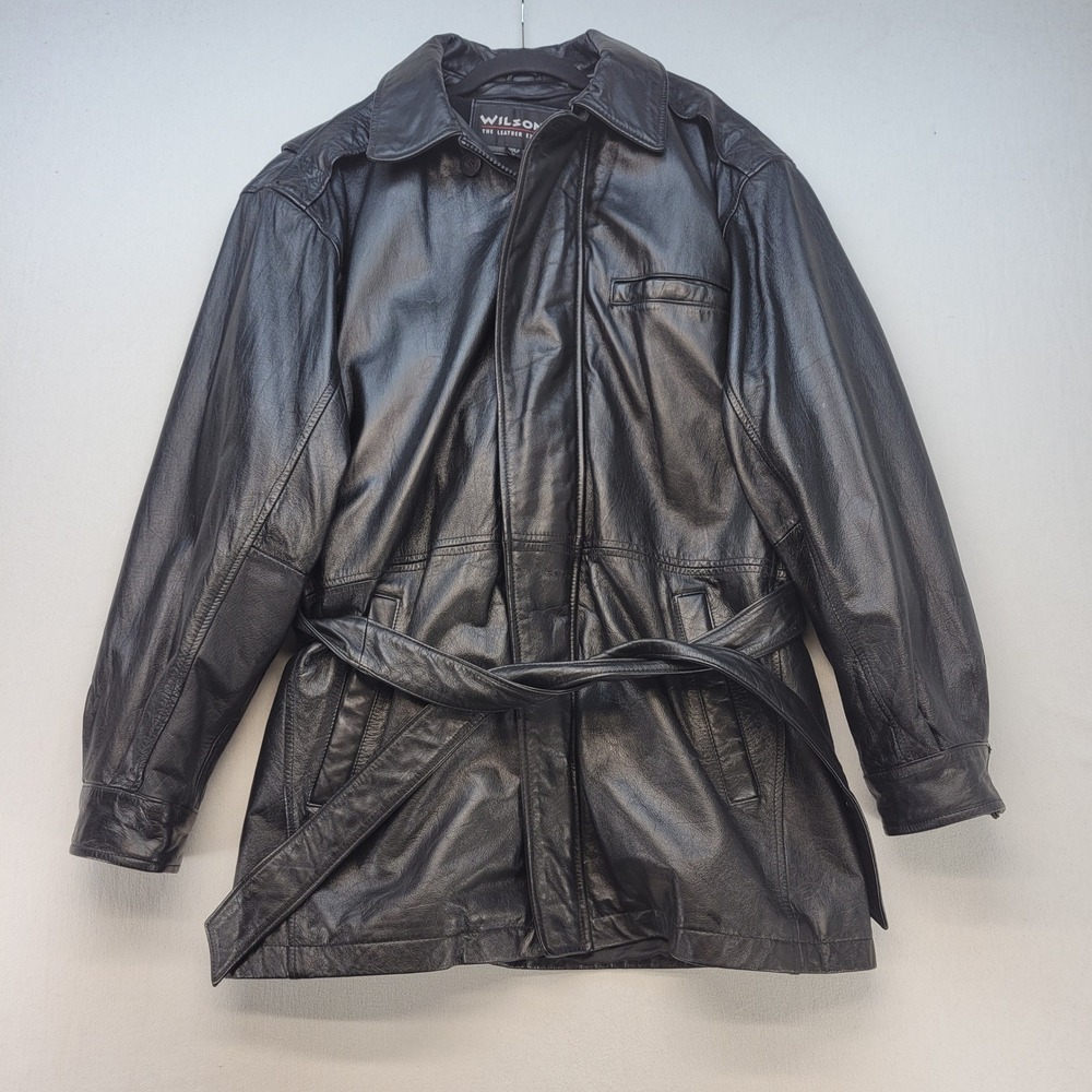 Wilsons Leather Jacket Mens Large Black Trench Coat Thinsulate Insulated Belted